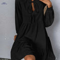 Elegant Solid Color Midi Dress with Lantern Sleeves – V-neck Style   OAXG Black / S