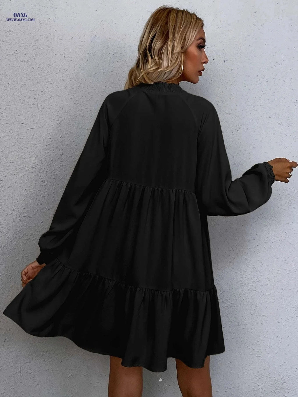 Elegant Solid Color Midi Dress with Lantern Sleeves – V-neck Style   OAXG Black / S