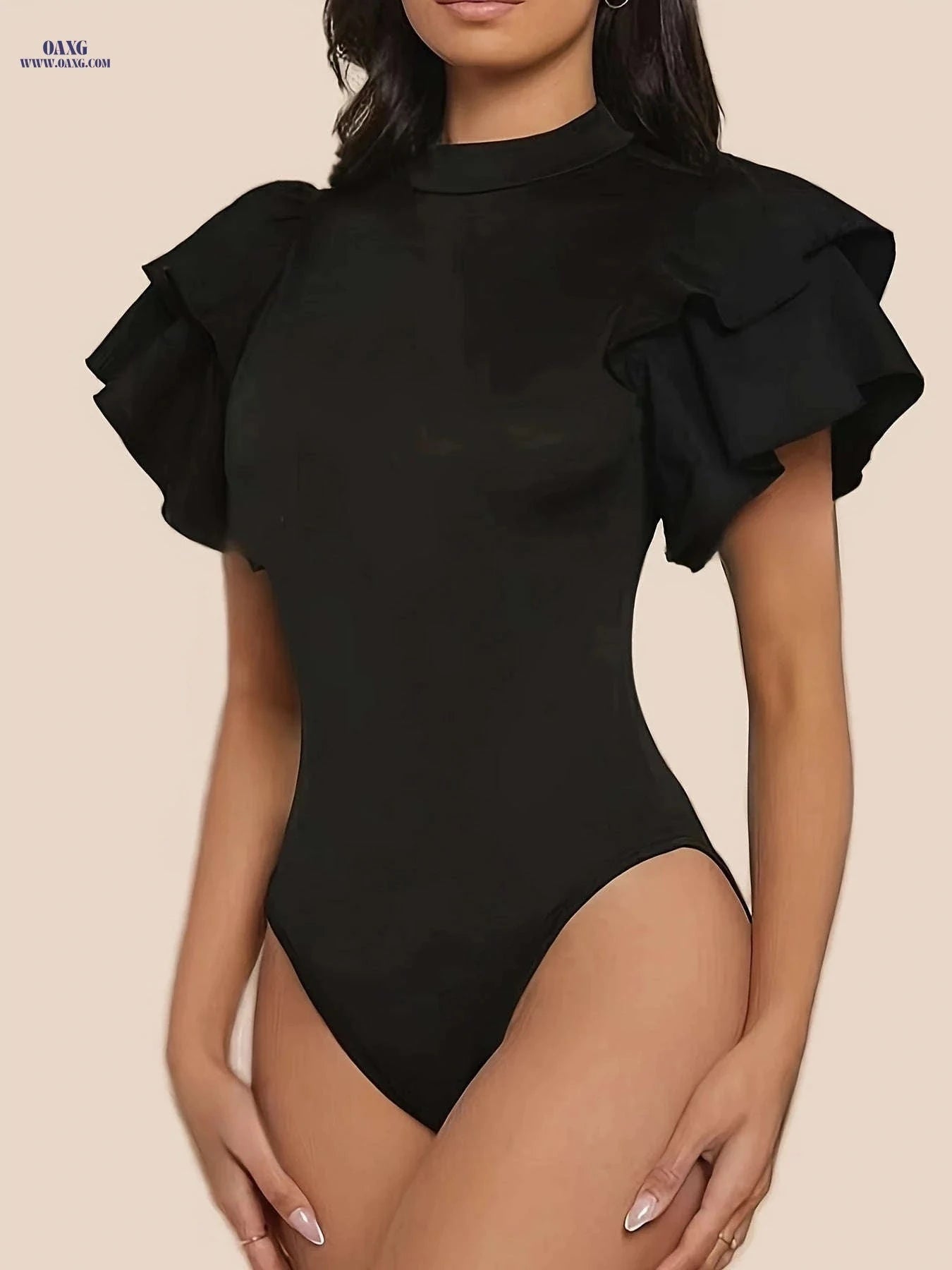 Elegant Solid Color Mock Neck Bodysuit - Women's Slim Fit Style   OAXG 