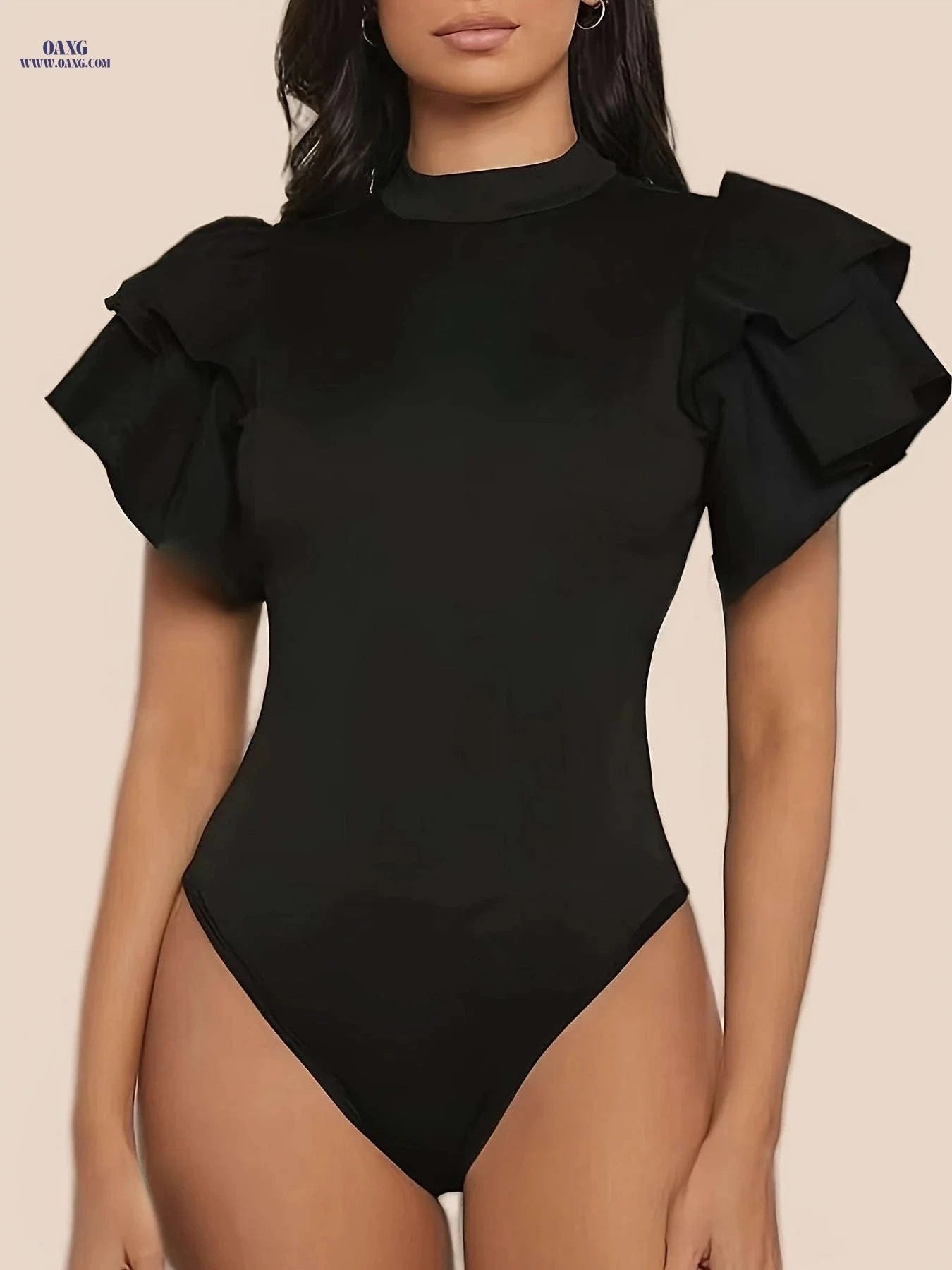 Elegant Solid Color Mock Neck Bodysuit - Women's Slim Fit Style   OAXG Black / XS
