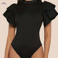 Elegant Solid Color Mock Neck Bodysuit - Women's Slim Fit Style   OAXG Black / XS