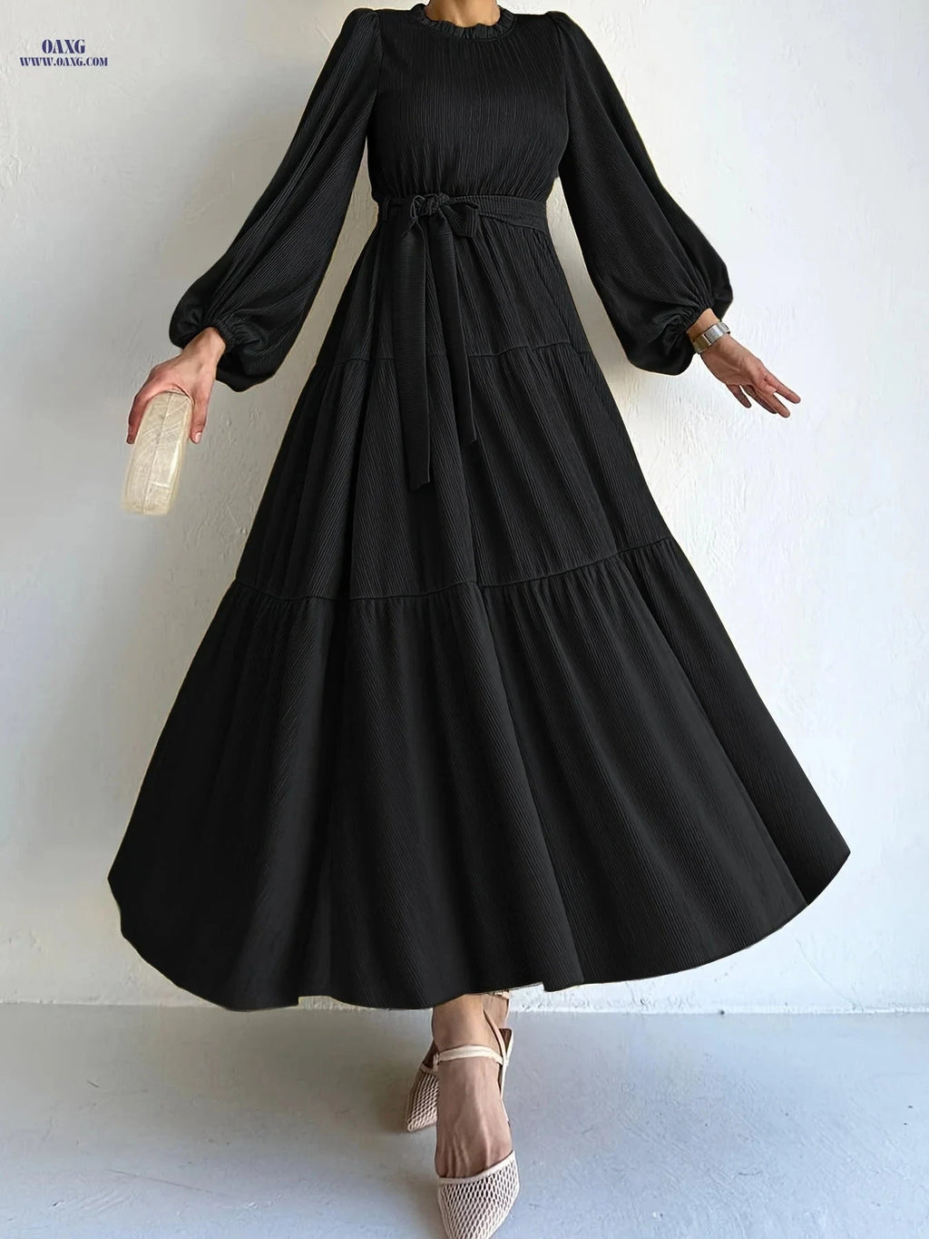 Elegant Solid Color Muslim Dress for Women - Casual Style, Machine Washable   OAXG 