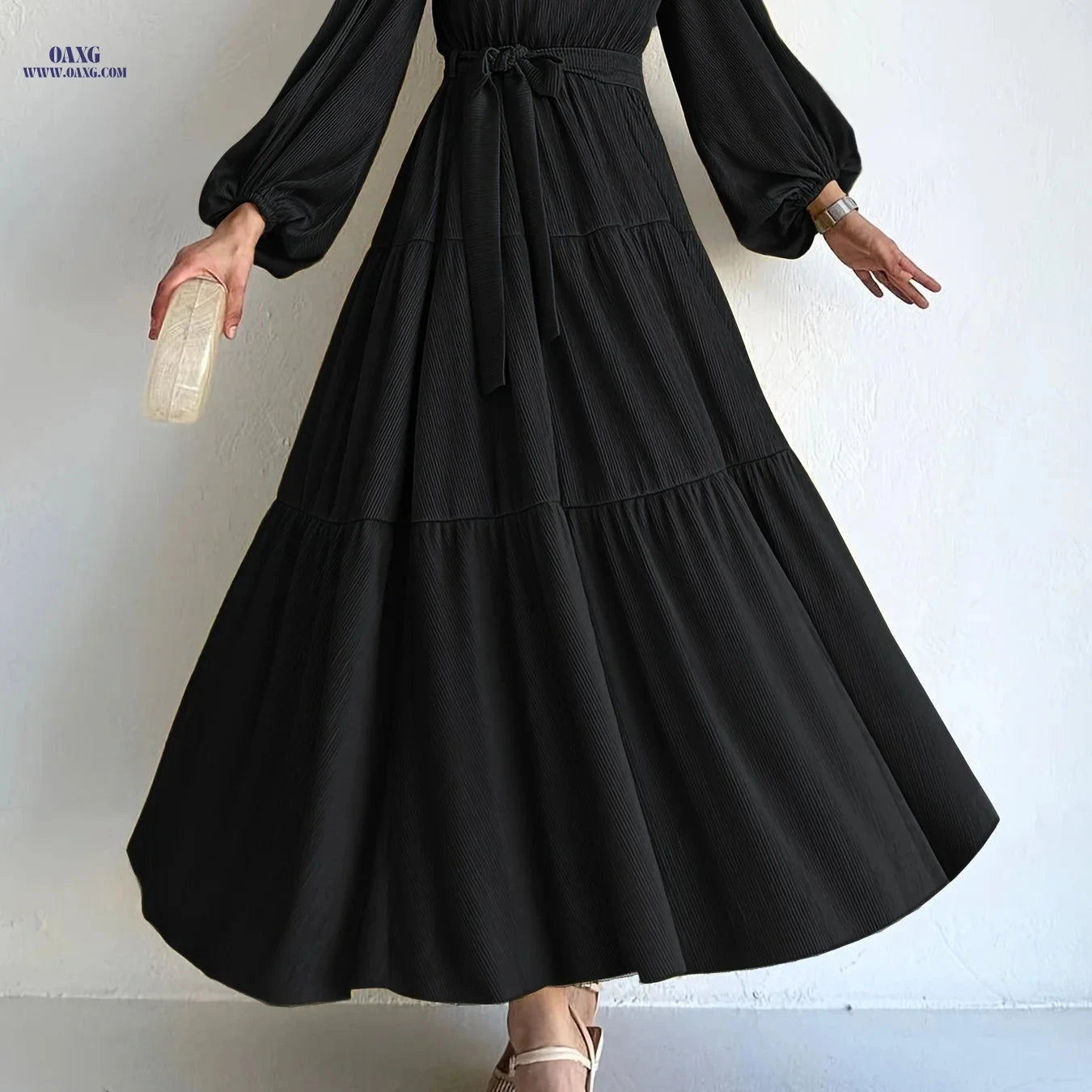 Elegant Solid Color Muslim Dress for Women - Casual Style, Machine Washable   OAXG 