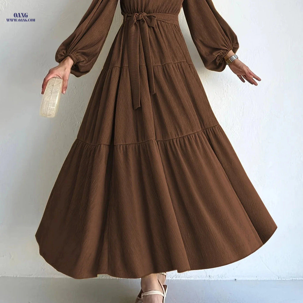 Elegant Solid Color Muslim Dress for Women - Casual Style, Machine Washable   OAXG Coffee Brown / S