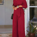 Elegant Solid Color Petal Sleeve Jumpsuit for Women - All-Season Style   OAXG The color of rouge / S