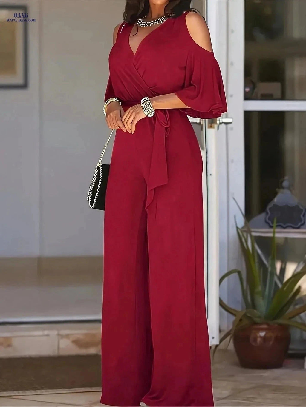 Elegant Solid Color Petal Sleeve Jumpsuit for Women - All-Season Style   OAXG The color of rouge / S