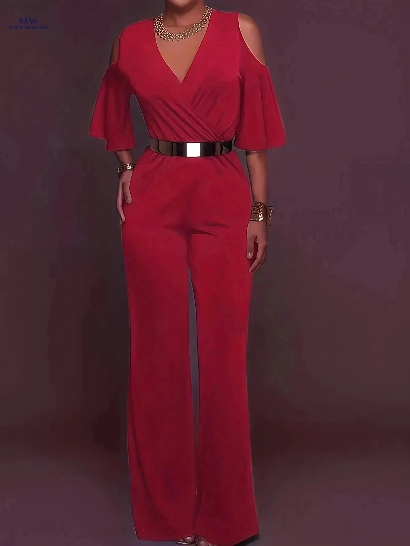 Elegant Solid Color Petal Sleeve Jumpsuit for Women - All-Season Style   OAXG The color of rouge / S