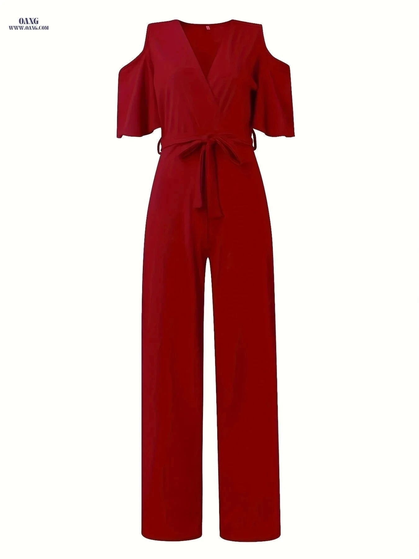 Elegant Solid Color Petal Sleeve Jumpsuit for Women - All-Season Style   OAXG The color of rouge / S