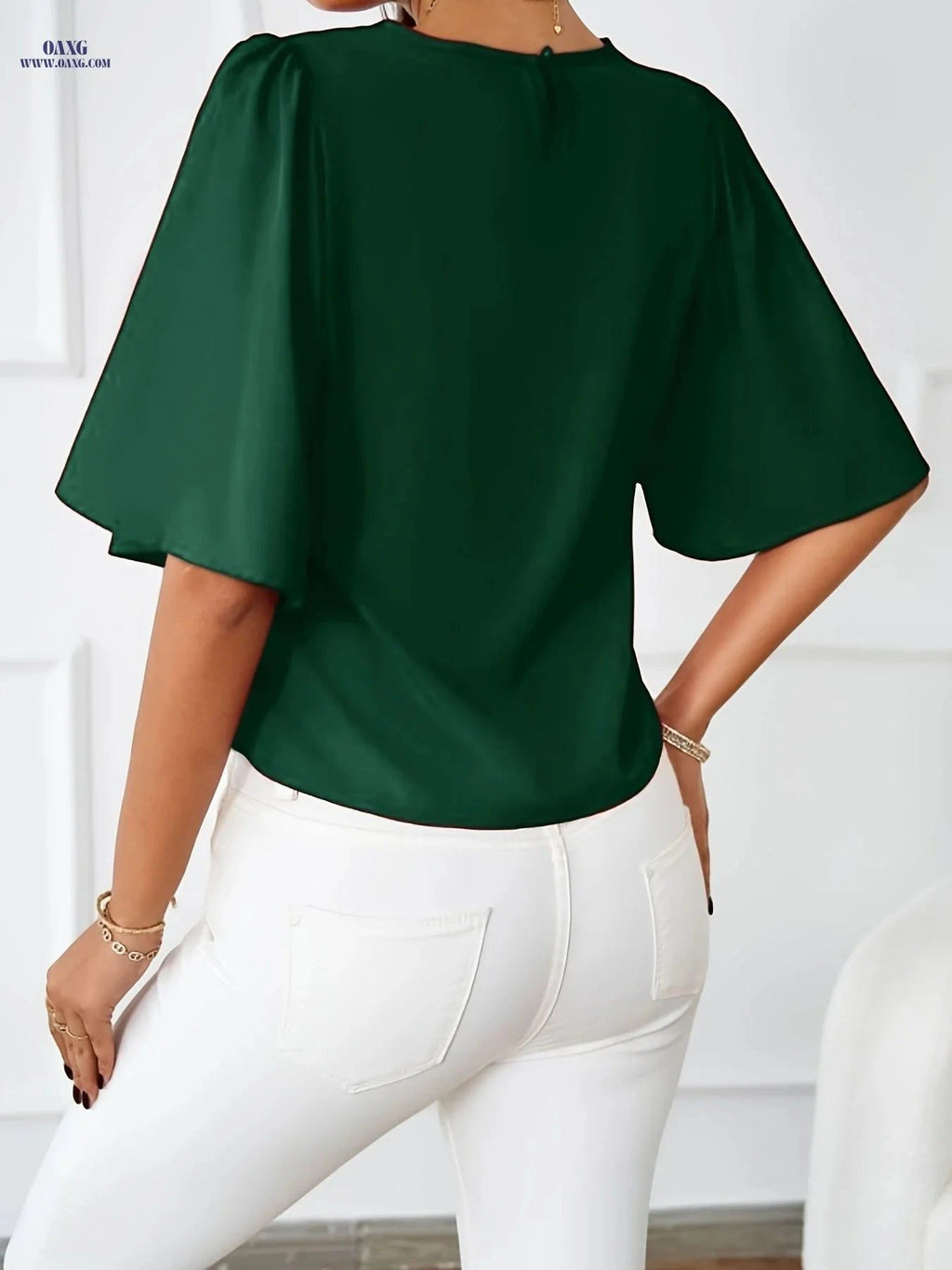 Elegant Solid Color Round Neck Shirt - Flounce Sleeve Design   OAXG Dark Green / S
