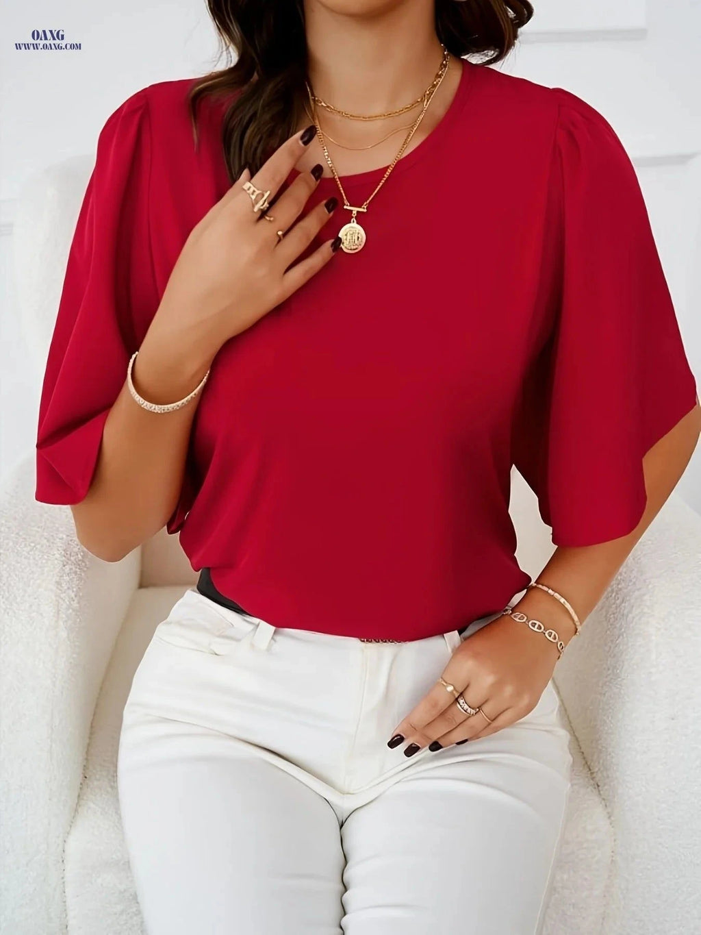 Elegant Solid Color Round Neck Shirt - Flounce Sleeve Design   OAXG Dark Green / S