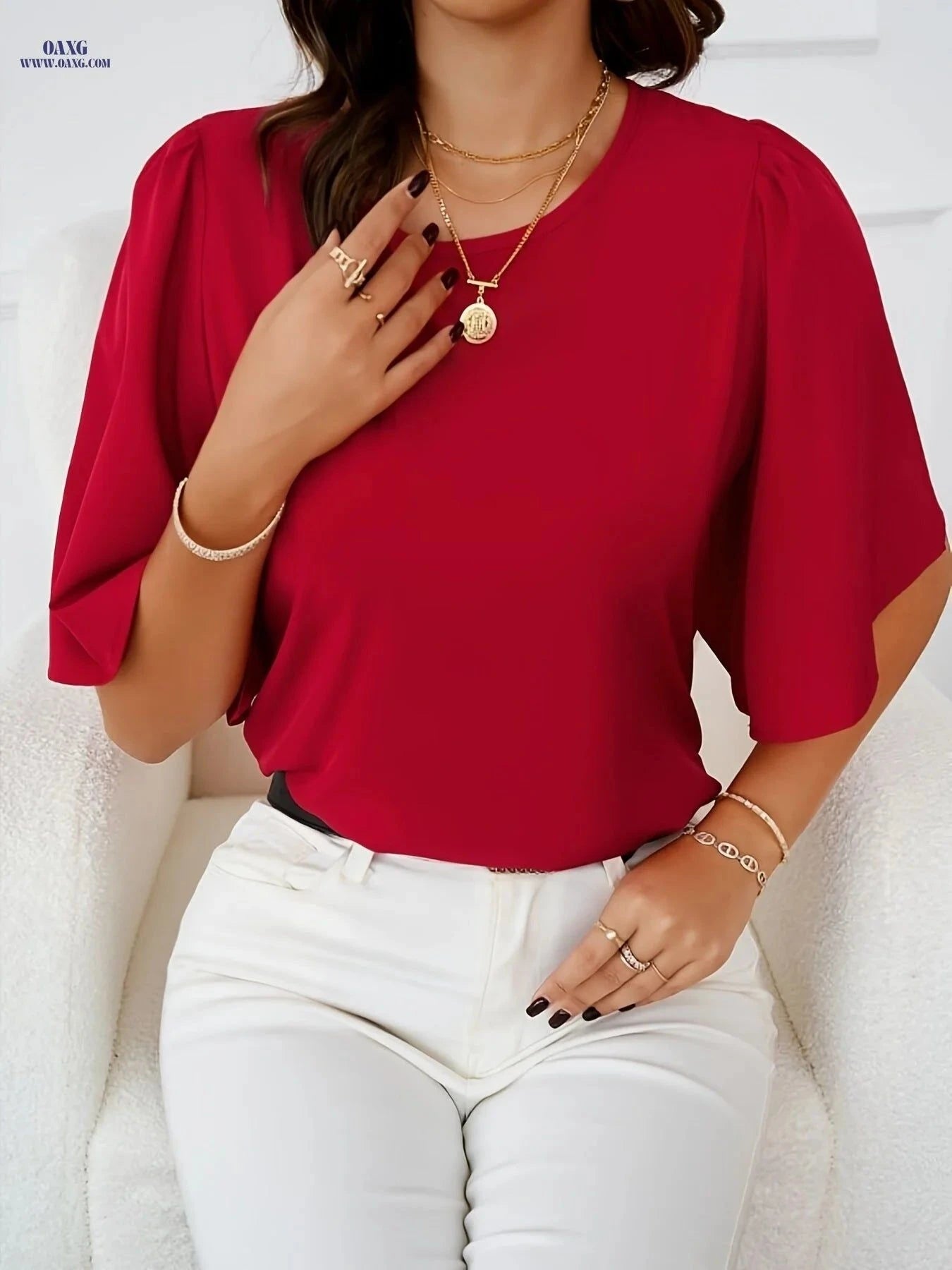 Elegant Solid Color Round Neck Shirt - Flounce Sleeve Design   OAXG Dark Green / S