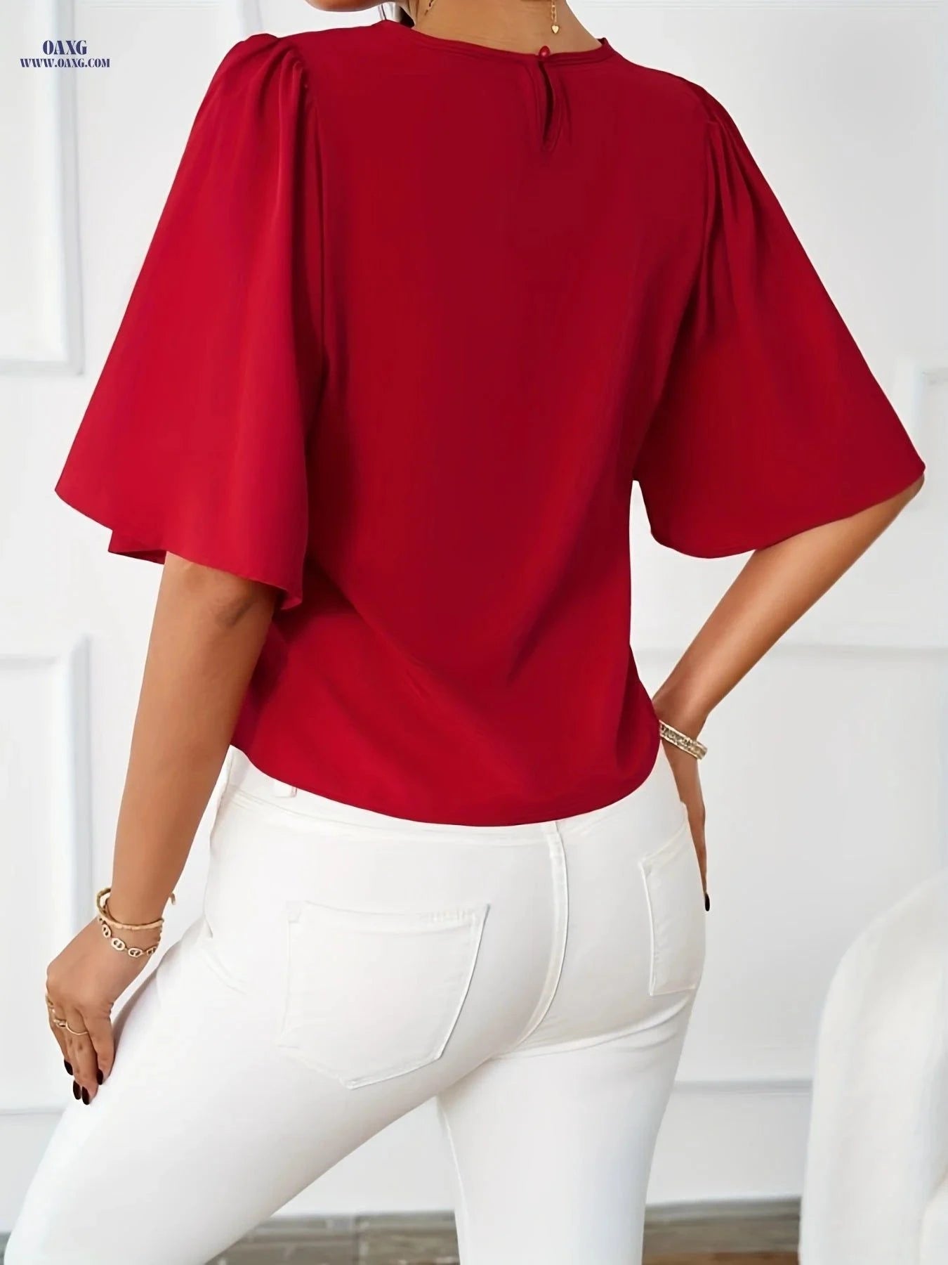 Elegant Solid Color Round Neck Shirt - Flounce Sleeve Design   OAXG Dark Green / S
