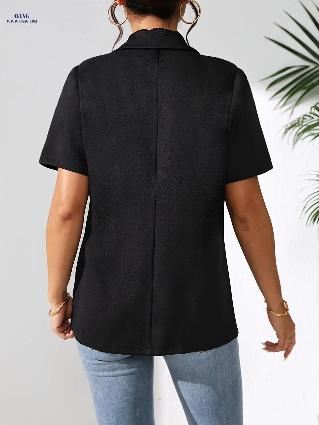 Elegant Solid-Color Short Sleeve Blazer for Spring/Summer Fashion   OAXG 