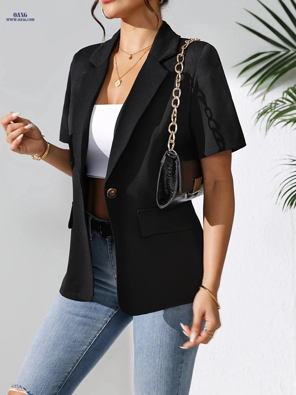 Elegant Solid-Color Short Sleeve Blazer for Spring/Summer Fashion   OAXG Black / S