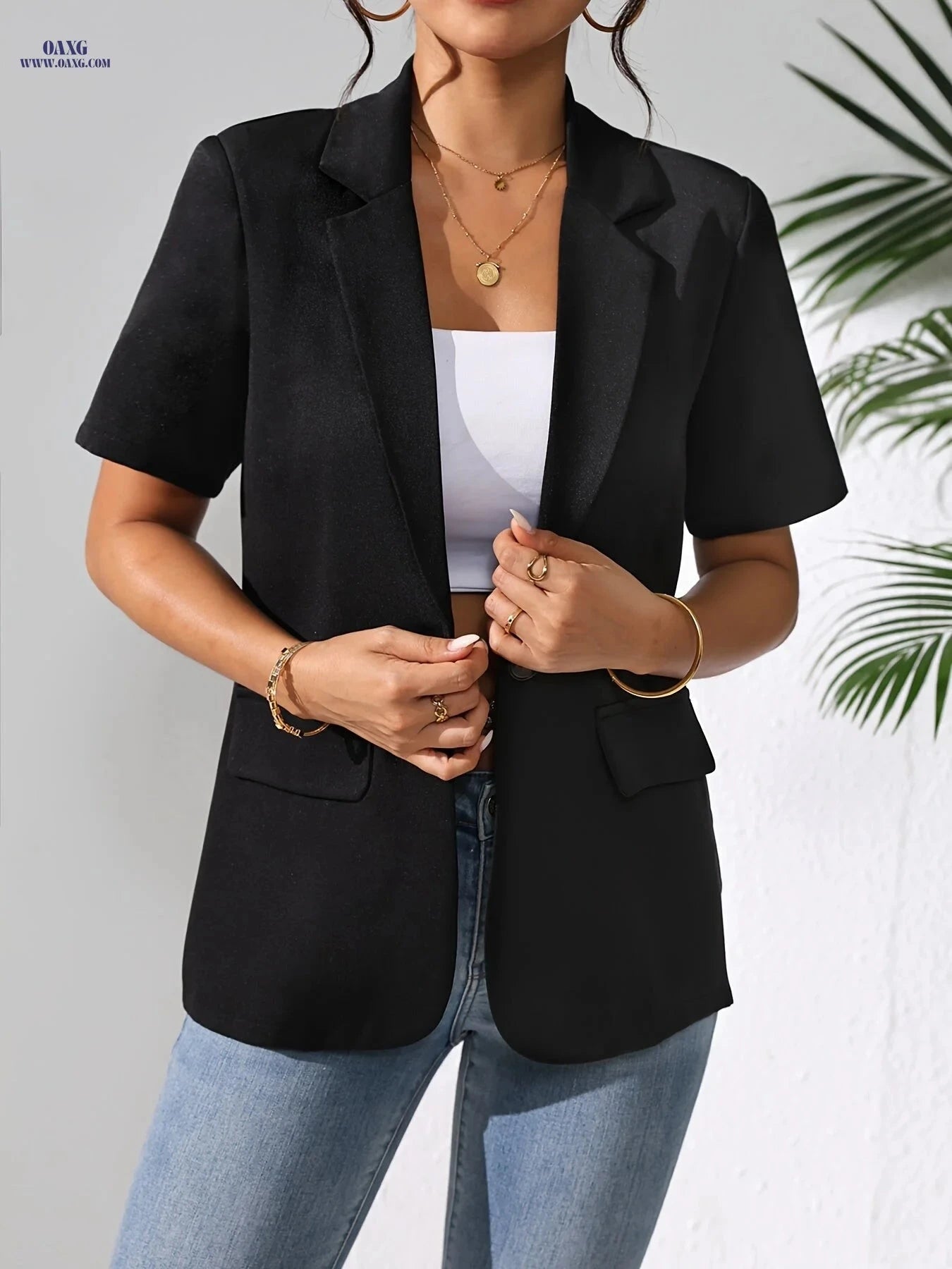 Elegant Solid-Color Short Sleeve Blazer for Spring/Summer Fashion   OAXG Black / S