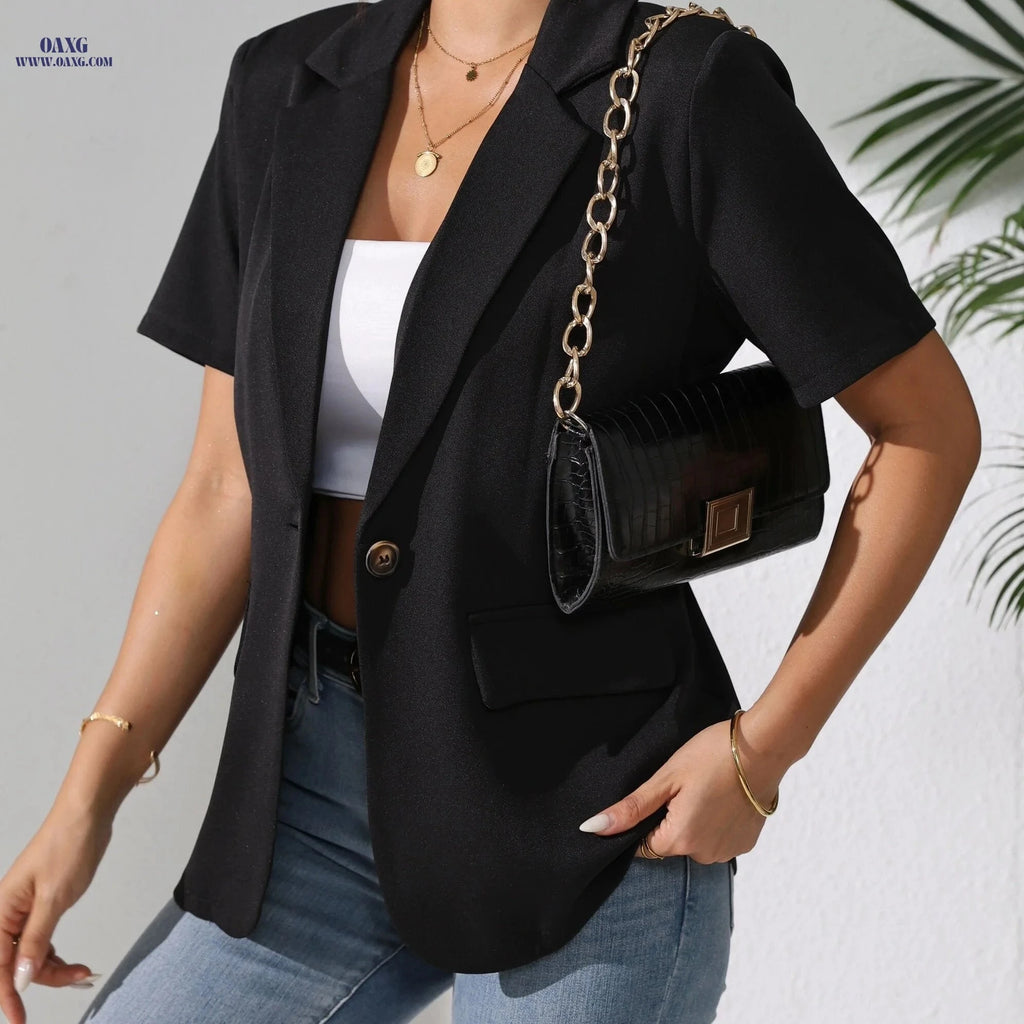 Elegant Solid-Color Short Sleeve Blazer for Spring/Summer Fashion   OAXG Black / S