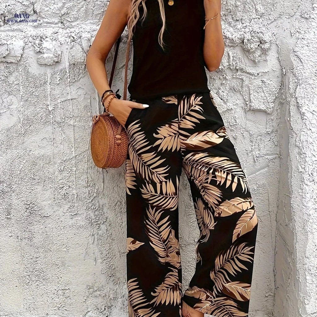 Elegant Solid Color Sleeveless Top & Floral Pants Set - Spring/Summer   OAXG 