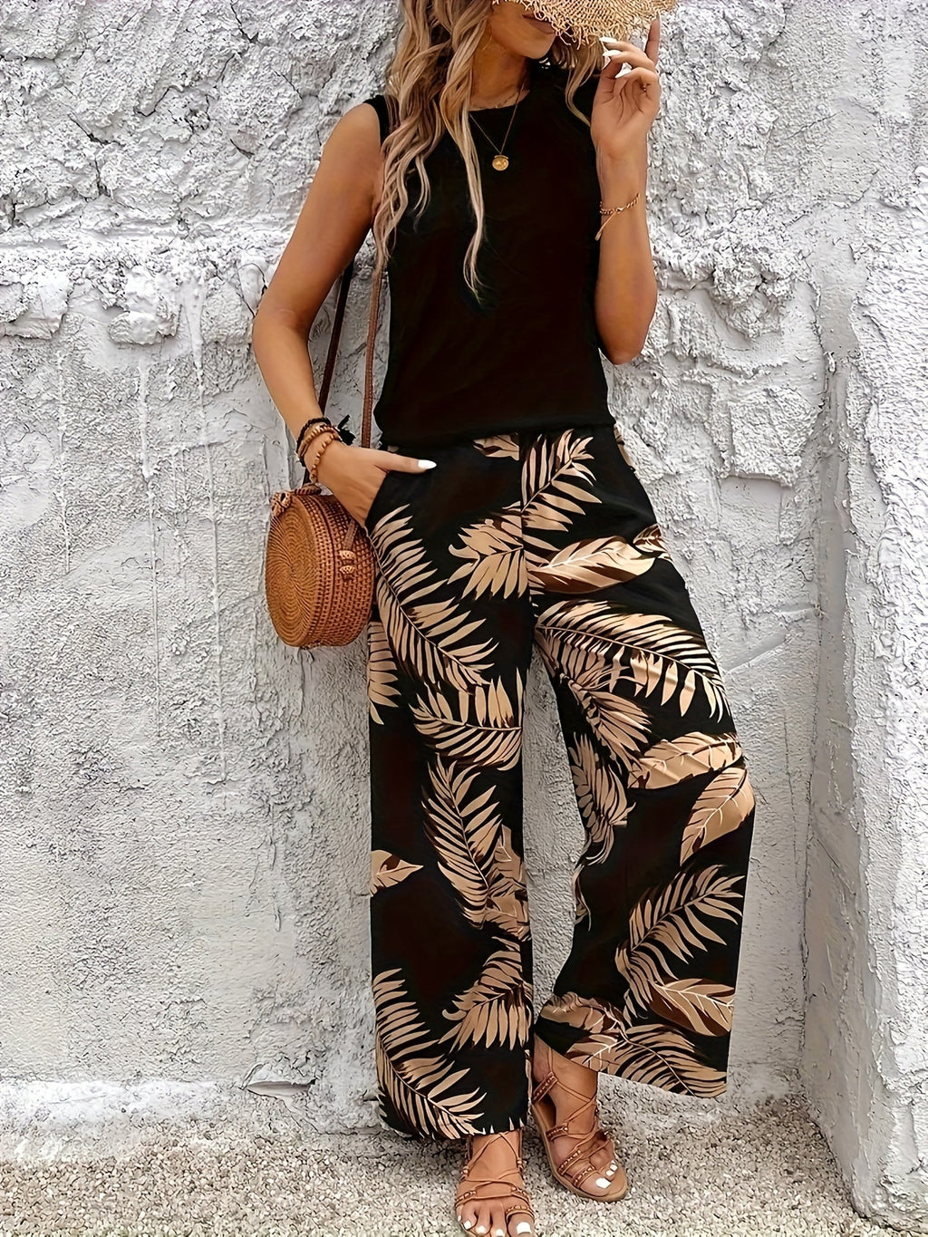 Elegant Solid Color Sleeveless Top & Floral Pants Set - Spring/Summer   OAXG Black Print / S