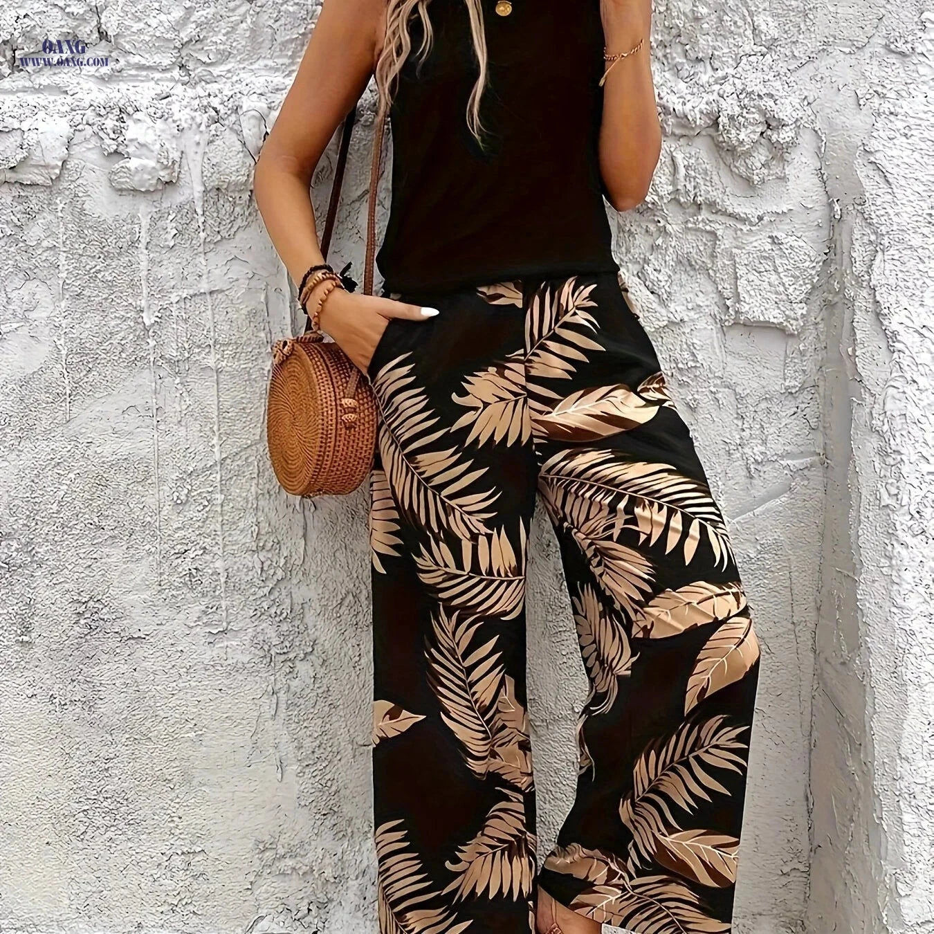 Elegant Solid Color Sleeveless Top & Floral Pants Set - Spring/Summer   OAXG Black Print / S