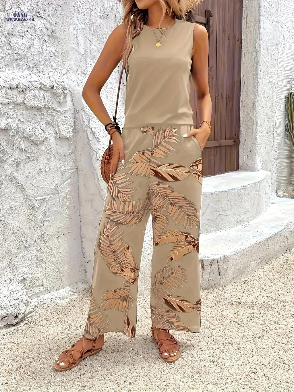 Elegant Solid Color Sleeveless Top & Floral Pants Set - Spring/Summer   OAXG 
