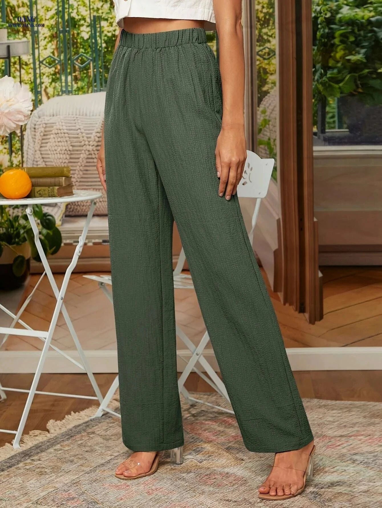 Elegant Solid Color Straight-Leg Pants - Machine Washable Women's Fashion   OAXG Olive Green / S