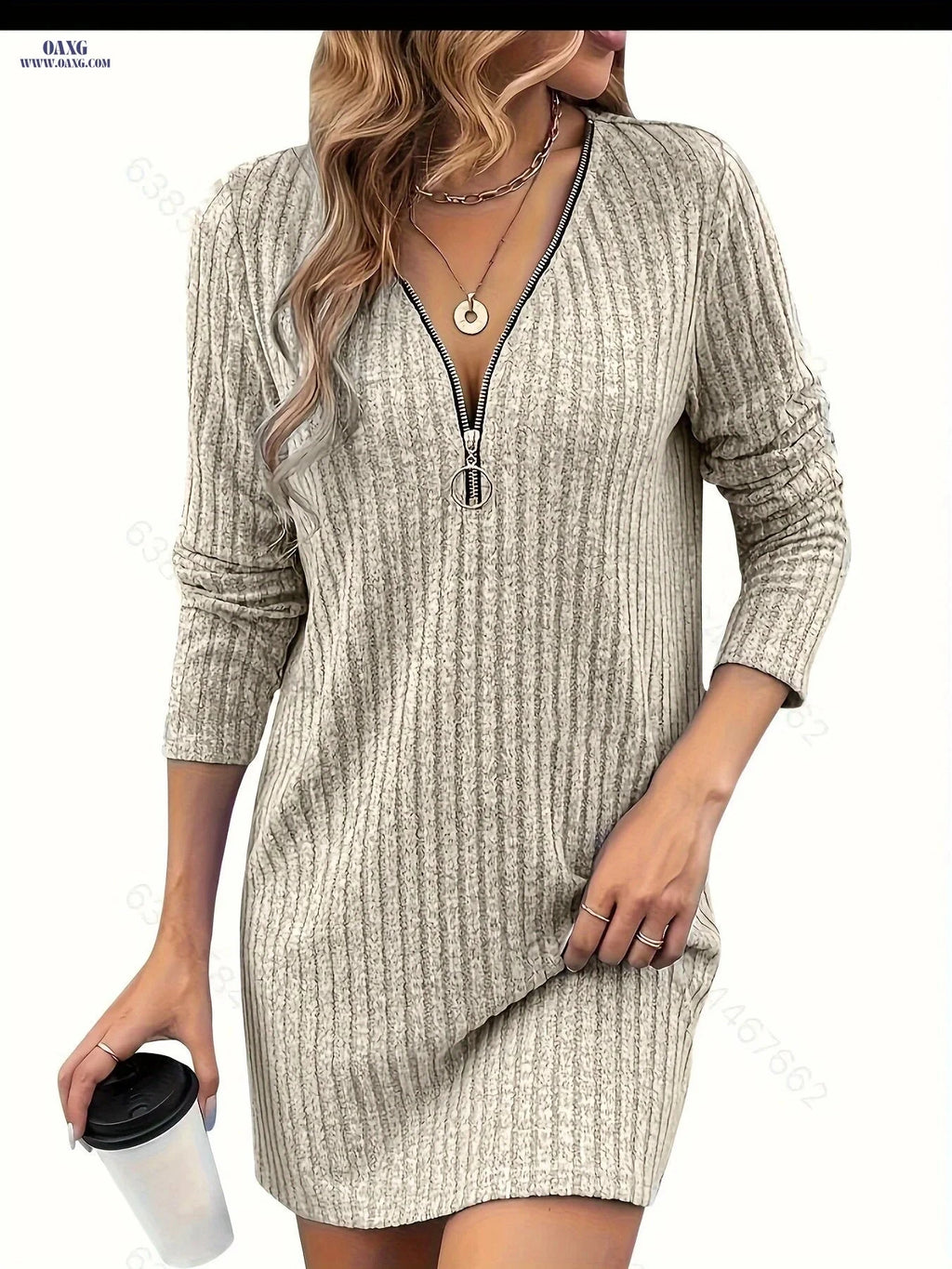 Elegant Solid Color Striped Dress - Fitted Deep V Neck for Fall   OAXG Black / S
