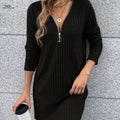 Elegant Solid Color Striped Dress - Fitted Deep V Neck for Fall   OAXG Black / S