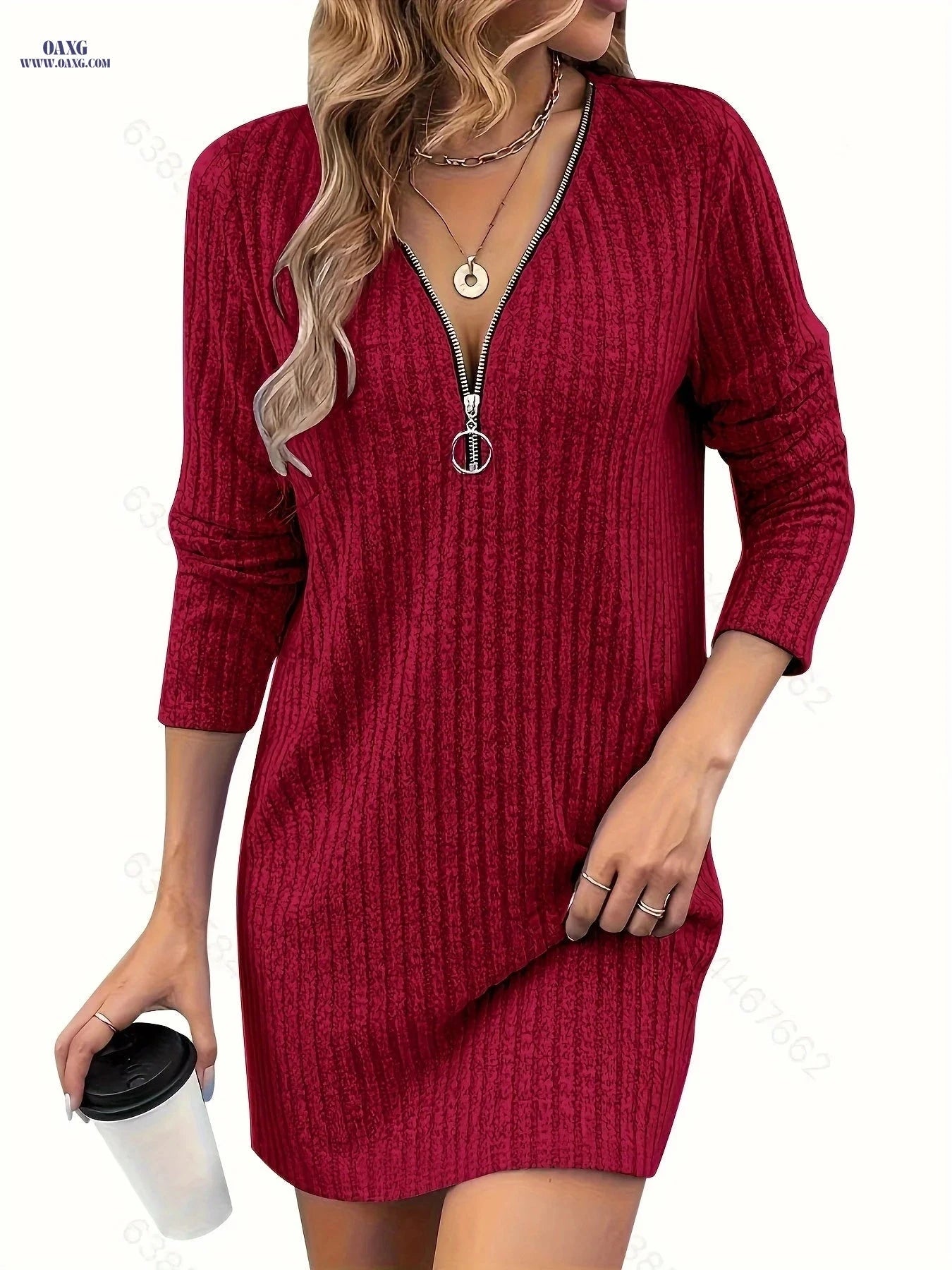 Elegant Solid Color Striped Dress - Fitted Deep V Neck for Fall   OAXG 