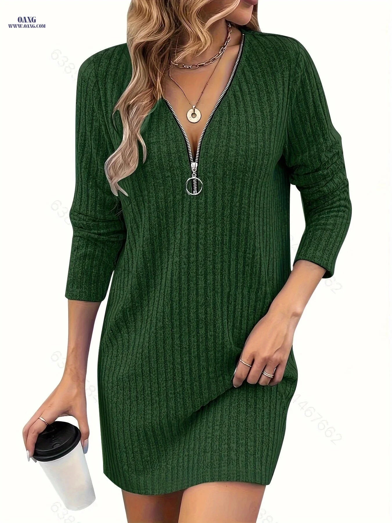 Elegant Solid Color Striped Dress - Fitted Deep V Neck for Fall   OAXG 