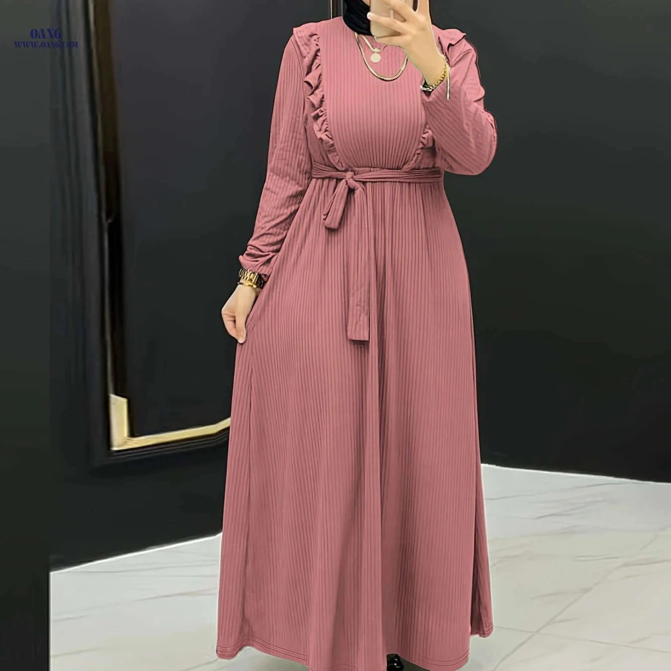 Elegant Solid Color Women's Dress - Long Length, Machine Washable   OAXG Peach / S