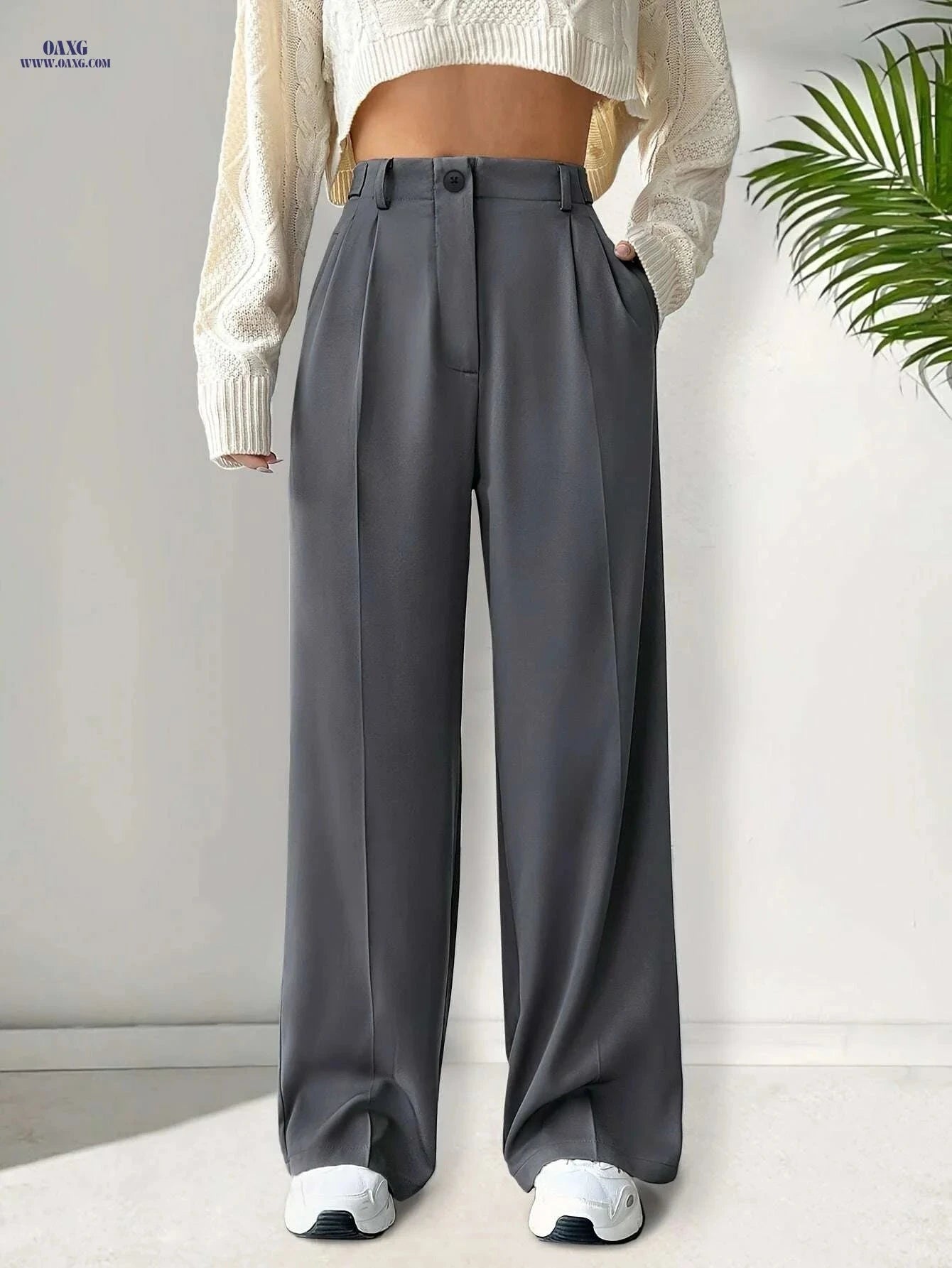 Elegant Solid Color Women's Suit Pants - Dual Pockets for Office   OAXG 