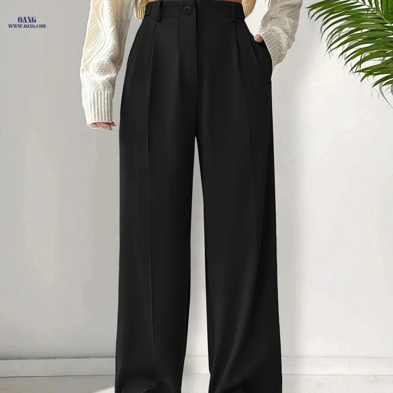 Elegant Solid Color Women's Suit Pants - Dual Pockets for Office   OAXG 