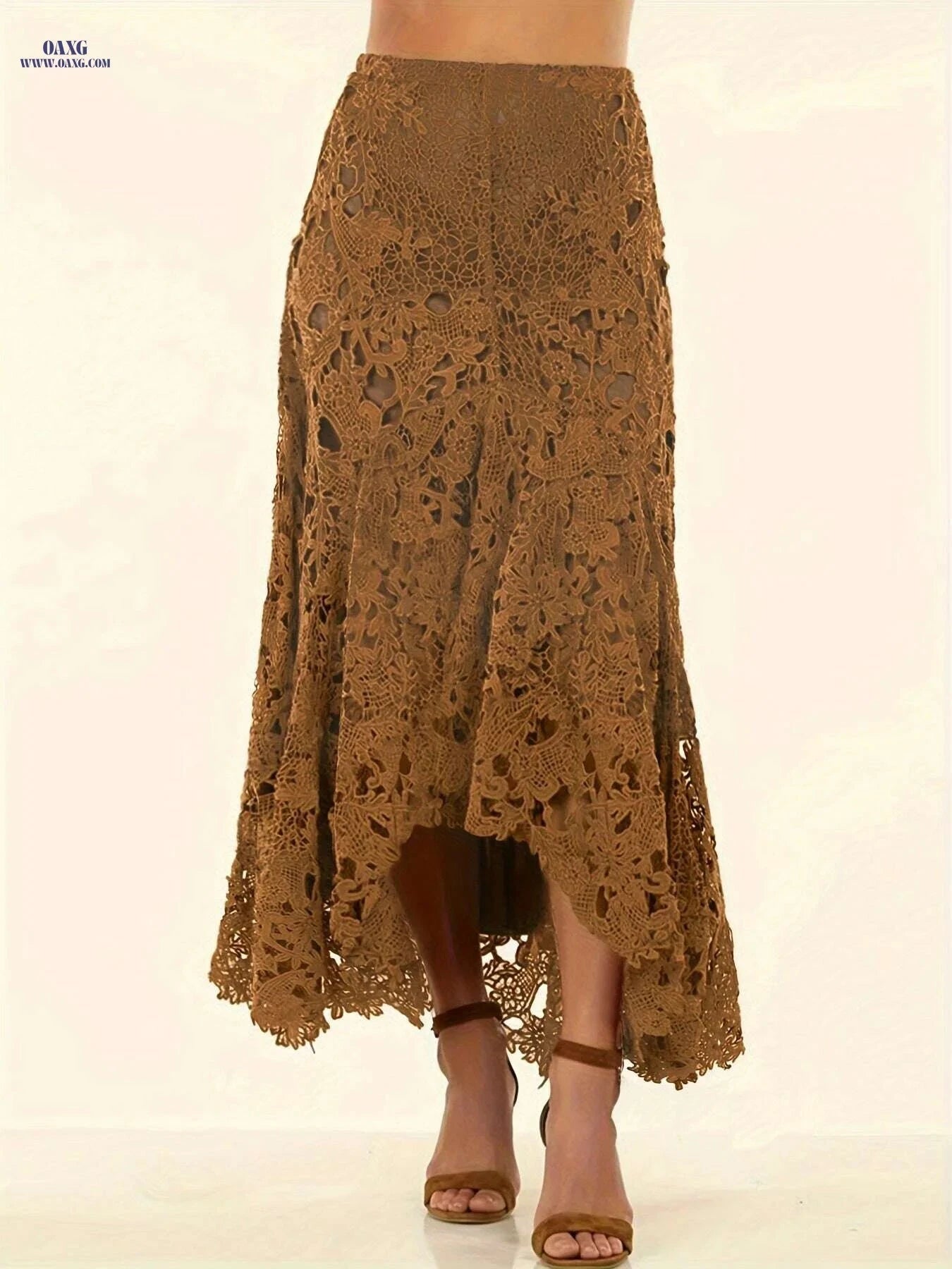 Elegant Solid Lace High-low Skirt - Women's High Waist Fashion   OAXG Rust / S