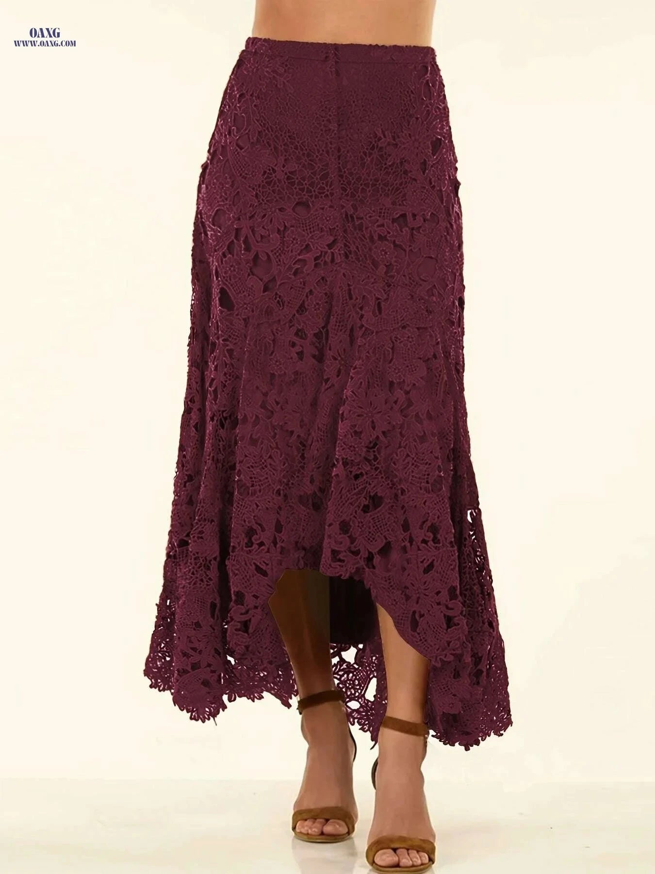 Elegant Solid Lace High-low Skirt - Women's High Waist Fashion   OAXG Rust / S