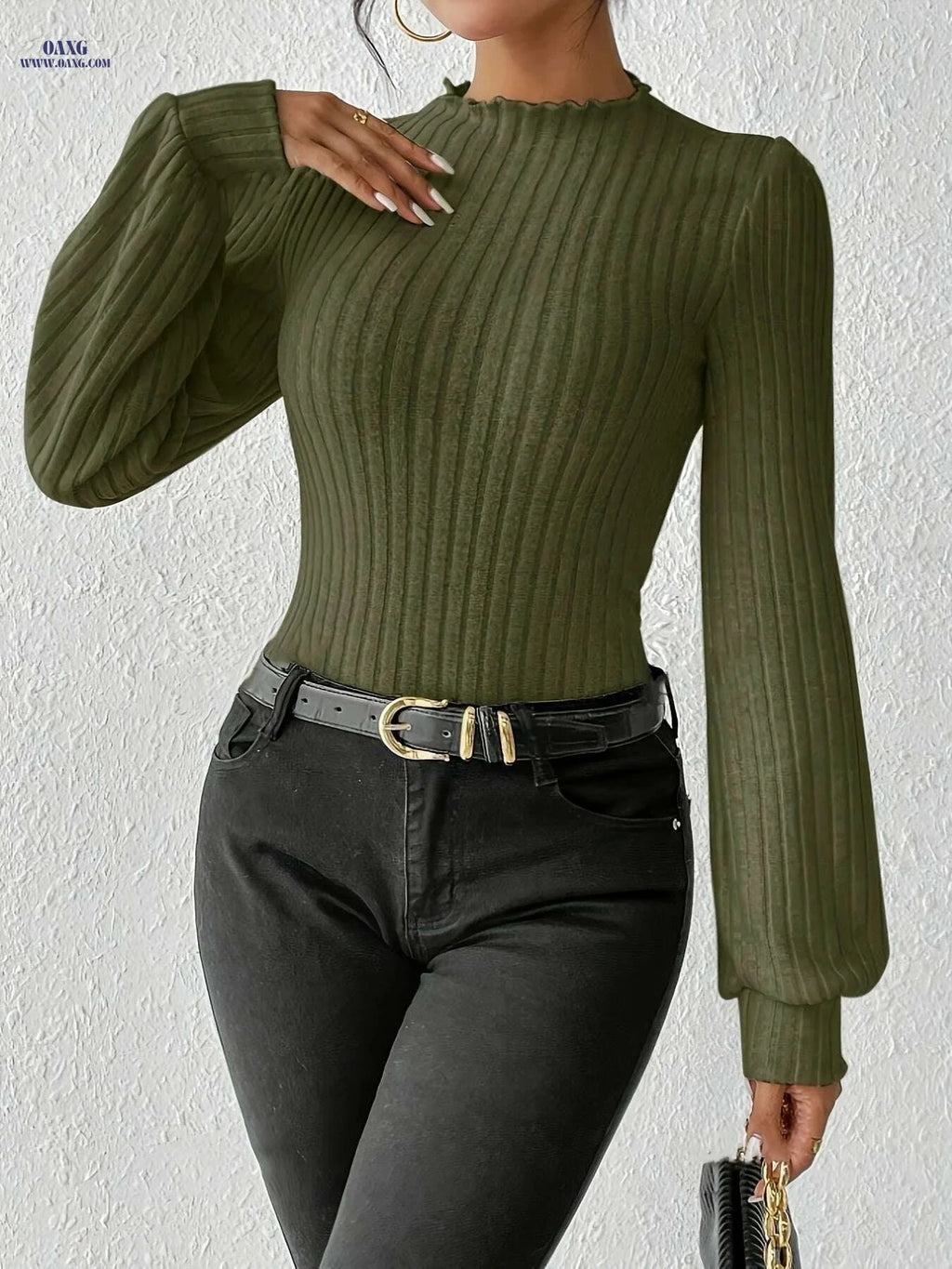 Elegant Solid Mock Neck Rib Knit Bodysuit - Women's Long Sleeve Top   OAXG Black / XS