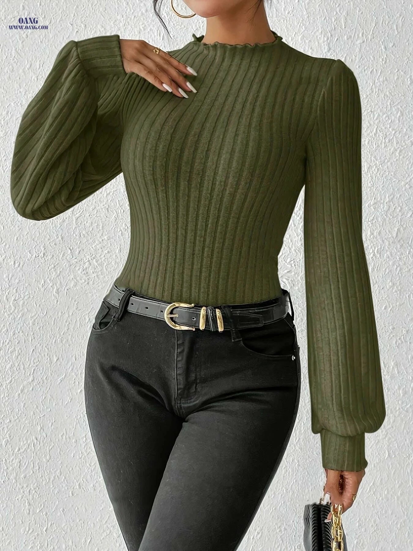 Elegant Solid Mock Neck Rib Knit Bodysuit - Women's Long Sleeve Top   OAXG Black / XS