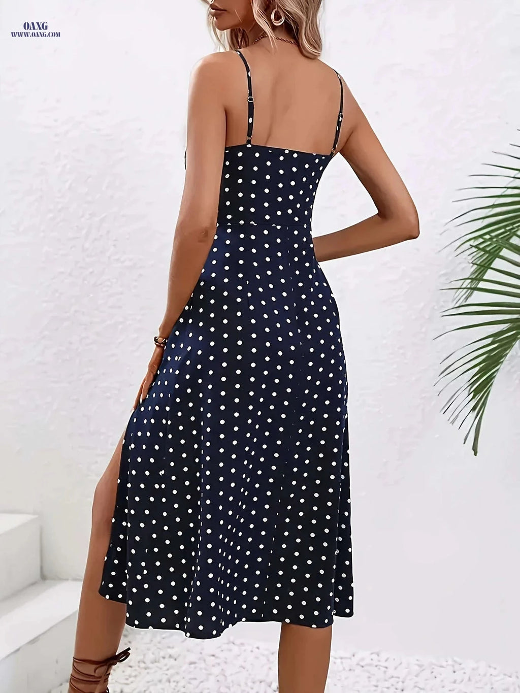 Elegant Spaghetti Strap Polka Dot Dress - Spring/Summer Hemline Slit   OAXG 