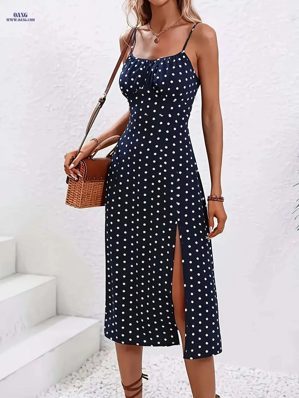 Elegant Spaghetti Strap Polka Dot Dress - Spring/Summer Hemline Slit   OAXG 