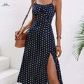 Elegant Spaghetti Strap Polka Dot Dress - Spring/Summer Hemline Slit   OAXG Navy blue color / S