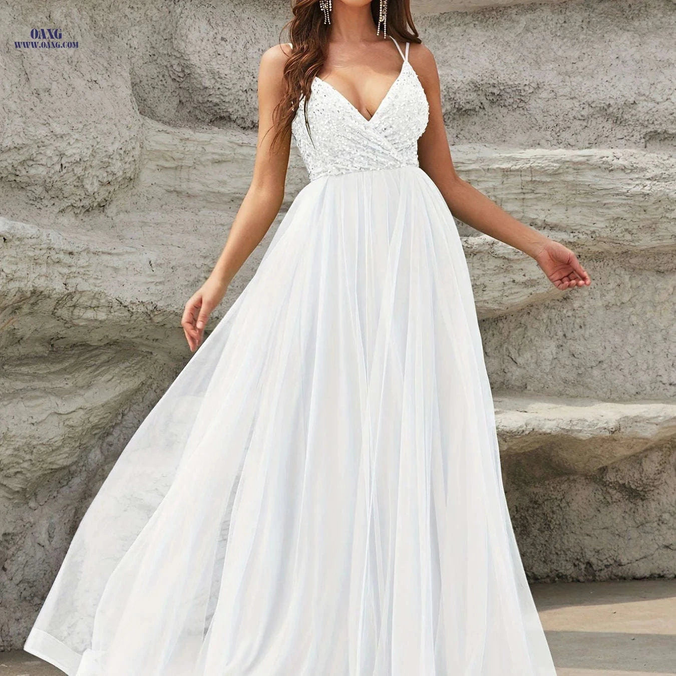Elegant Spaghetti Strap Wedding Dress - High Waist Loose Fit Maxi   OAXG Black / XS