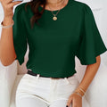 Elegant Special: Solid Color Round Neck Shirt, Elegant Flounce Sleeve Shirt   OAXG Dark Green / S