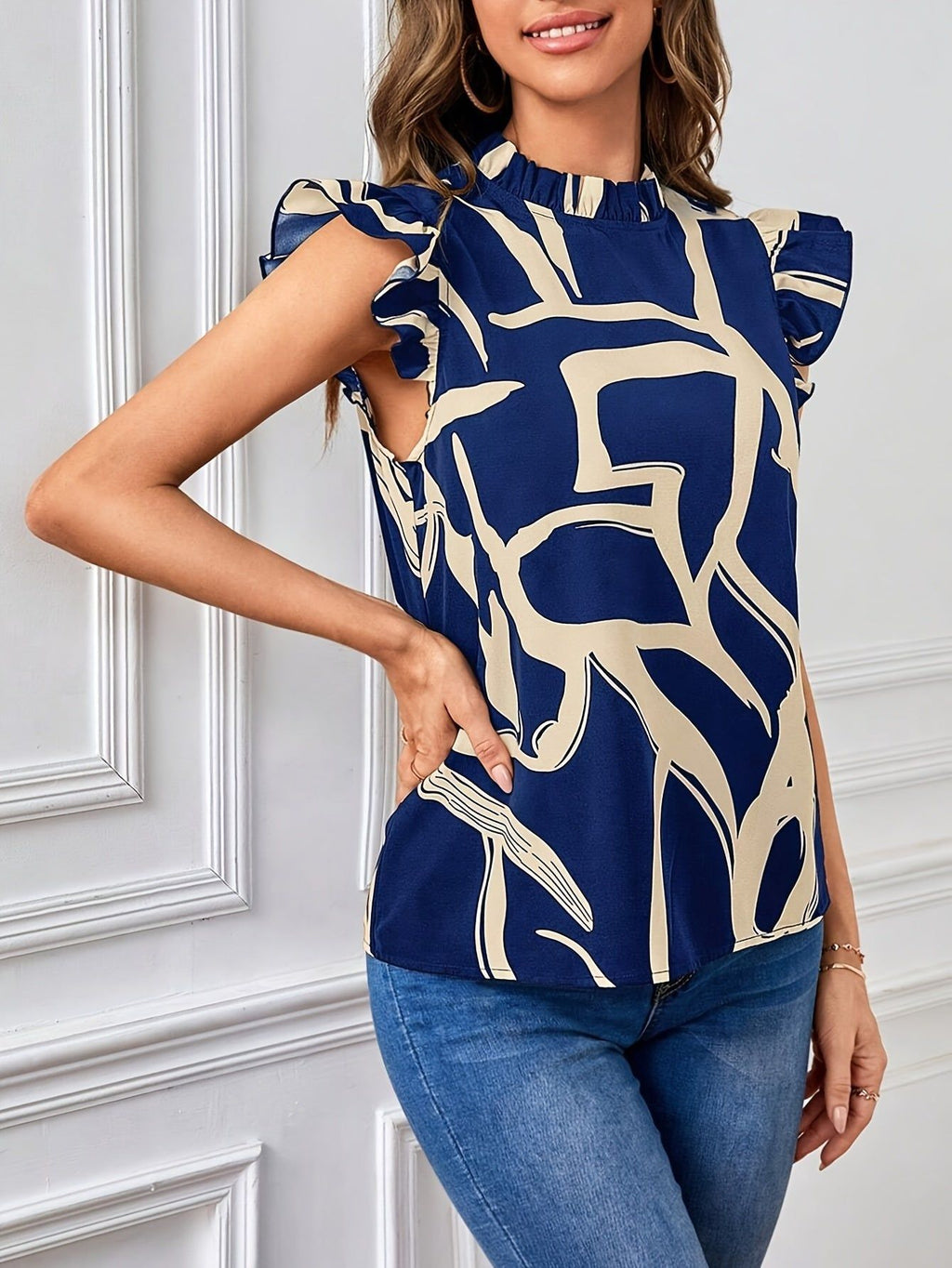 Elegant Special Women's Mushroom Edge Pattern Print Stand Collar Short Sleeve Shirt   OAXG Mixed colors / S