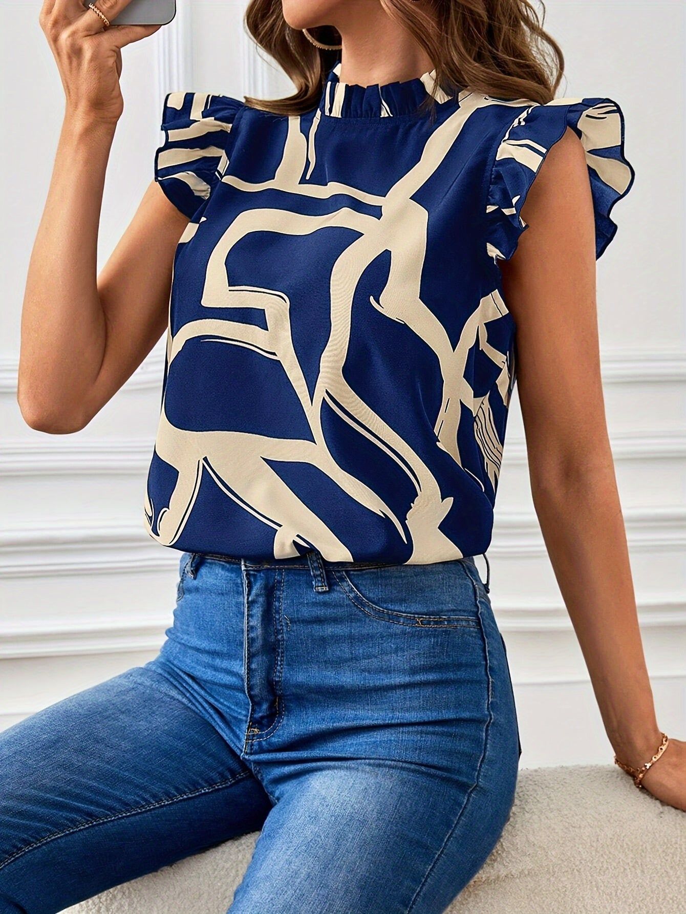 Elegant Special Women's Mushroom Edge Pattern Print Stand Collar Short Sleeve Shirt   OAXG Mixed colors / S