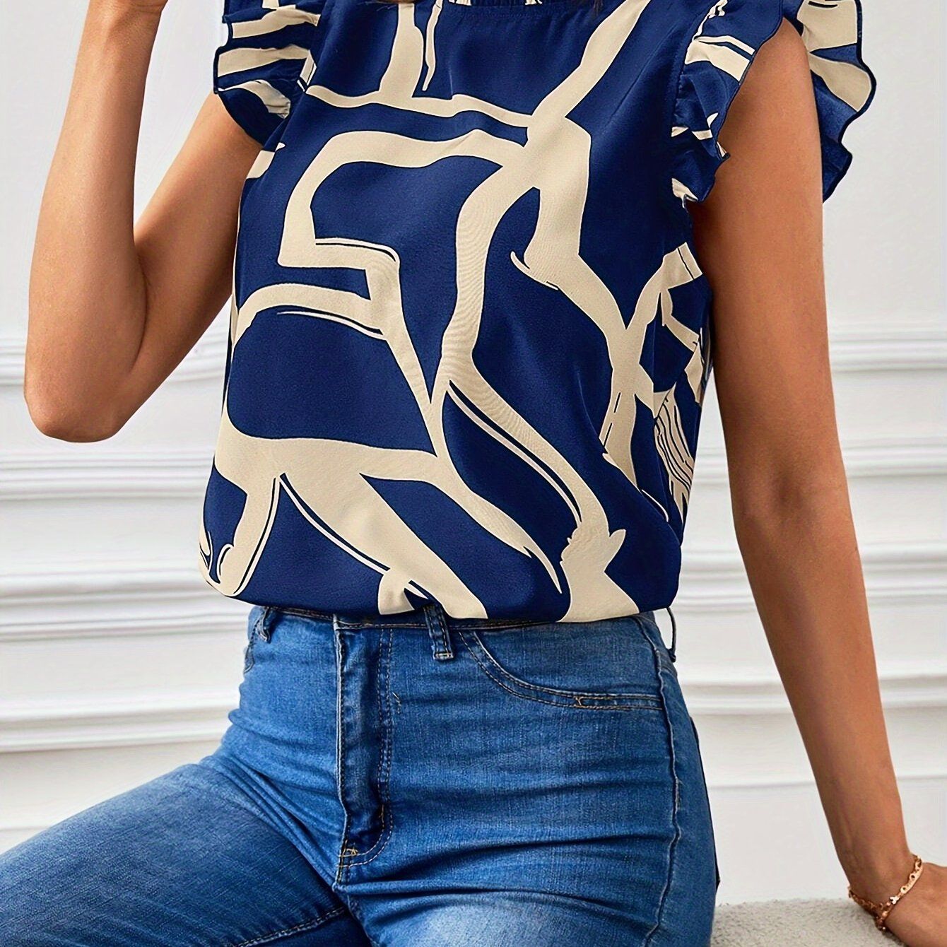 Elegant Special Women's Mushroom Edge Pattern Print Stand Collar Short Sleeve Shirt   OAXG Mixed colors / S
