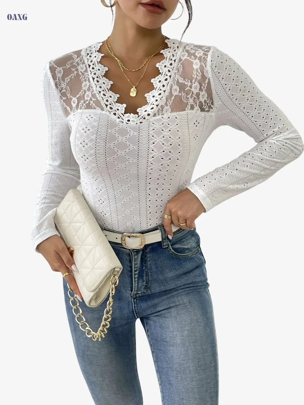 Elegant Splicing T - Semi-Sheer V-Neck Top, Micro Elasticity   OAXG Beige / S