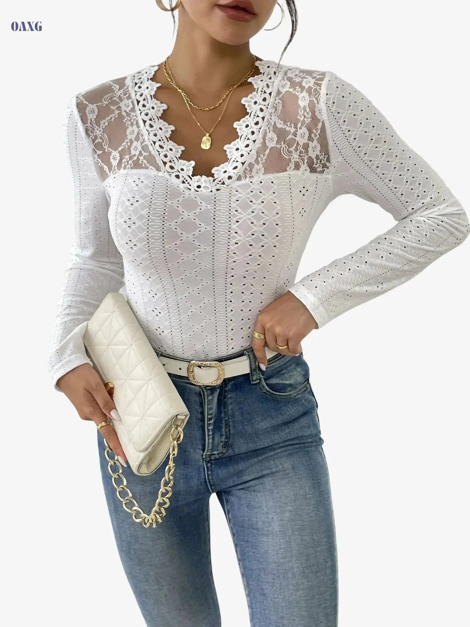Elegant Splicing T - Semi-Sheer V-Neck Top, Micro Elasticity   OAXG Beige / S