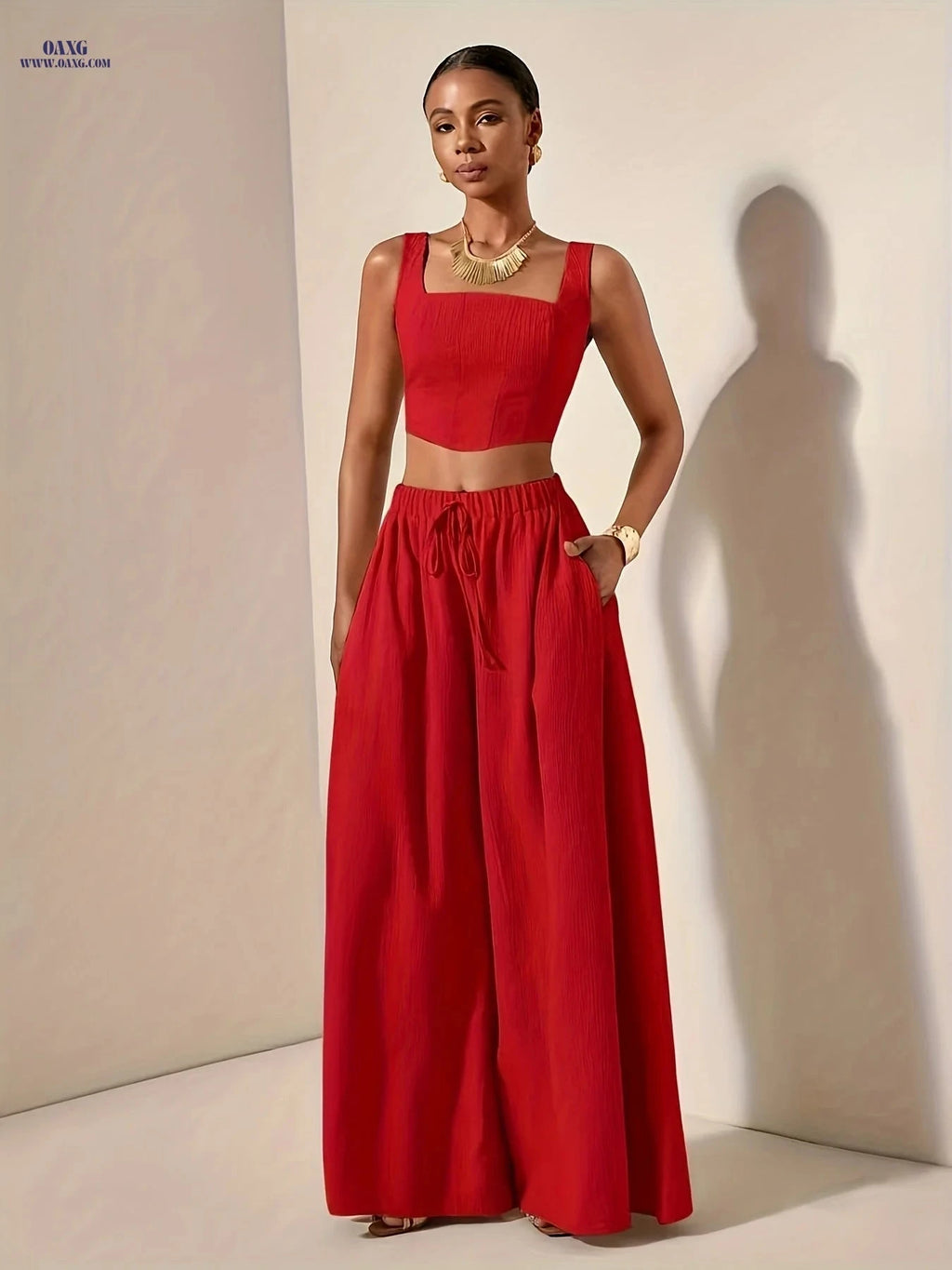 Elegant Spring/Summer Fishbone Cami Top & Wide-Leg Pants Set   OAXG 