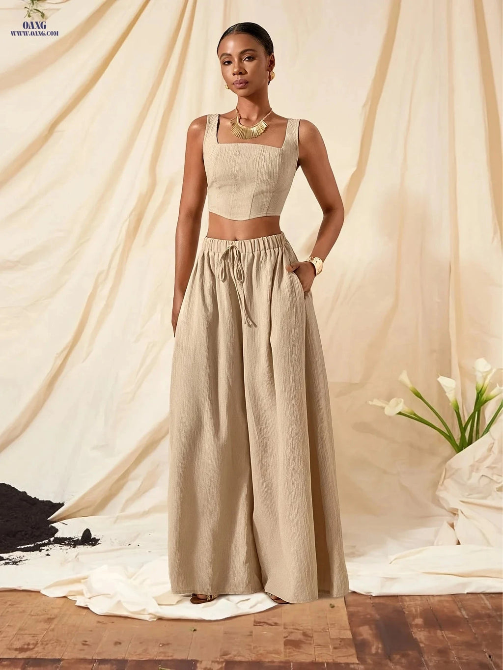 Elegant Spring/Summer Fishbone Cami Top & Wide-Leg Pants Set   OAXG 