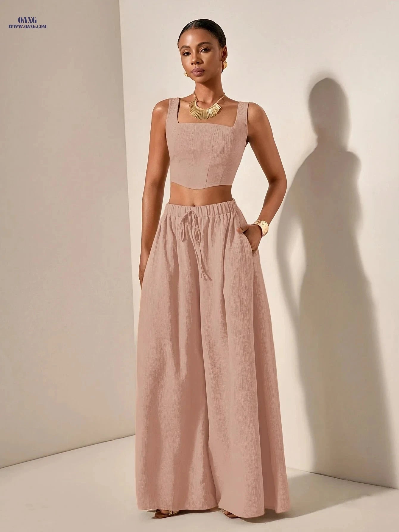 Elegant Spring/Summer Fishbone Cami Top & Wide-Leg Pants Set   OAXG Red / M