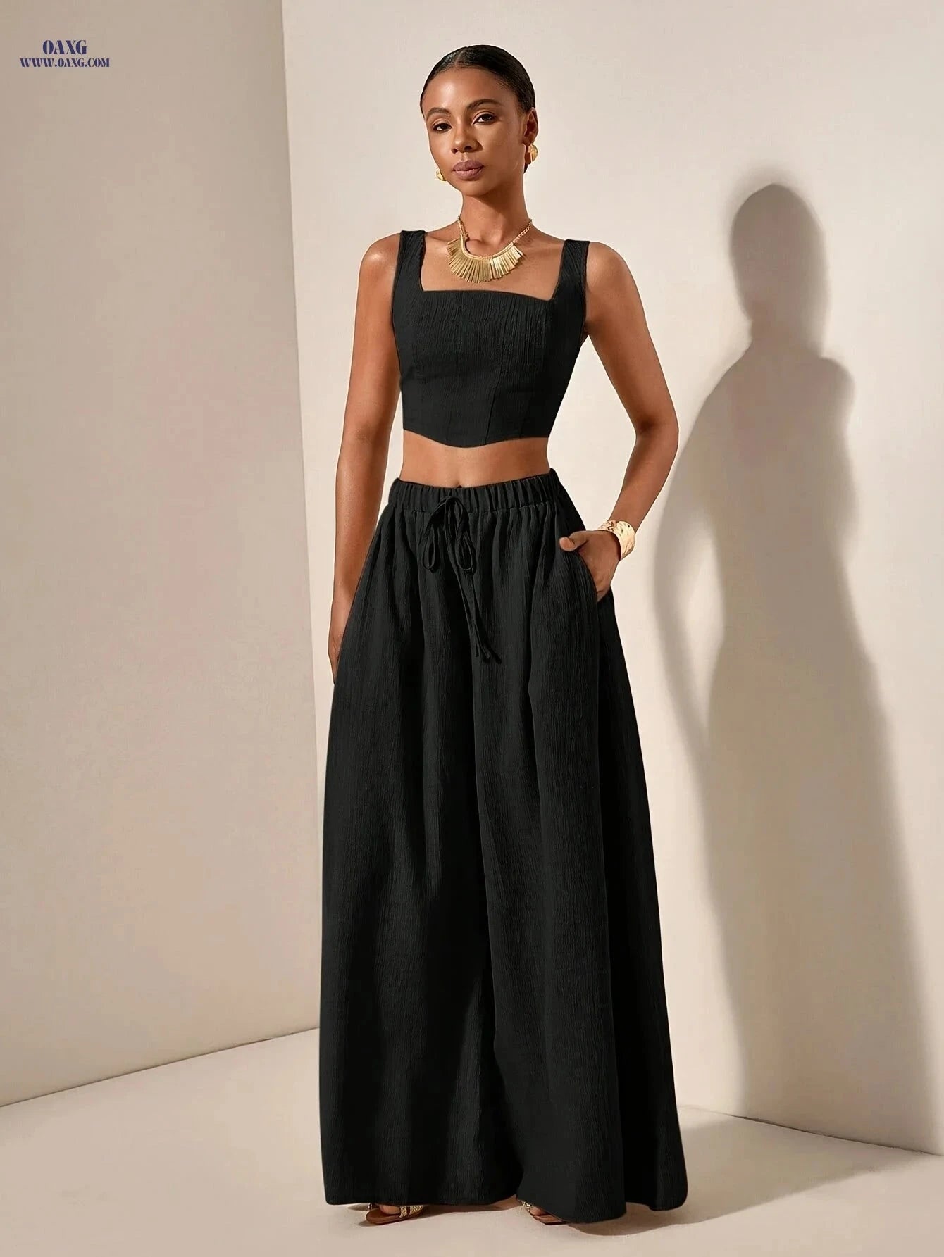 Elegant Spring/Summer Fishbone Cami Top & Wide-Leg Pants Set   OAXG Red / M